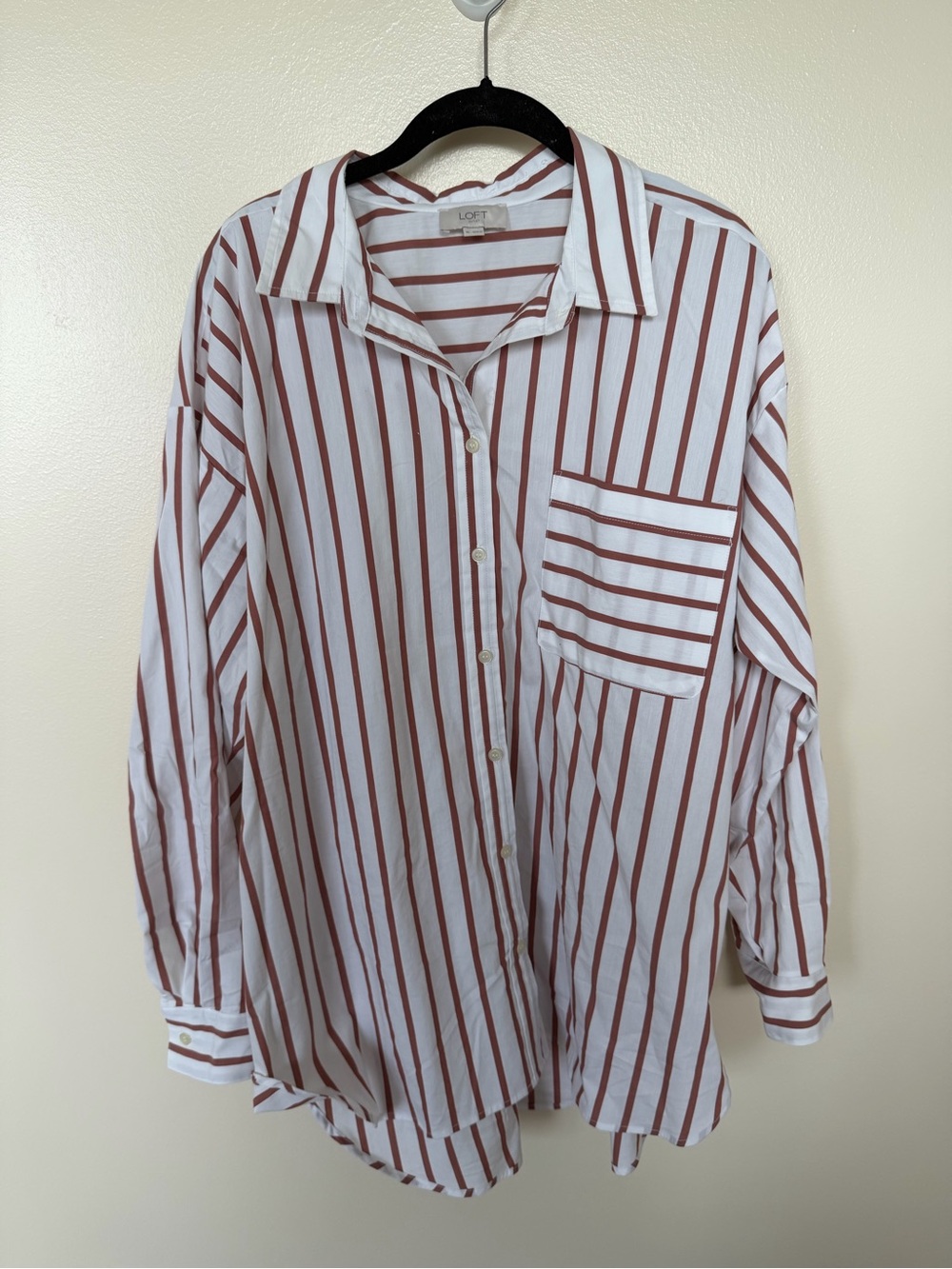 LOFT Rust & White Vertical Striped Long Sleeve Button Front top
